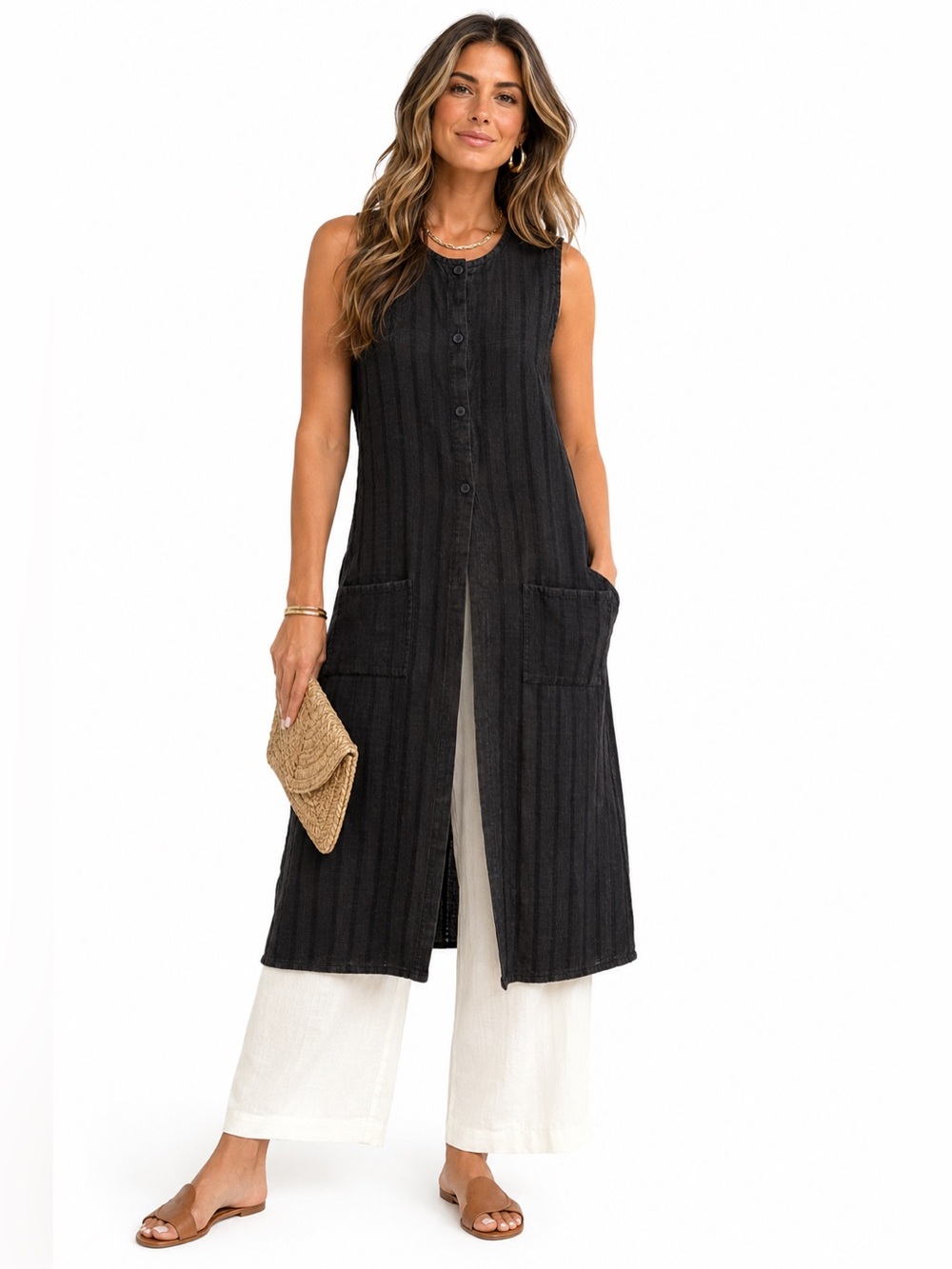 Eileen Fisher Black‎ 100% Iris Linen Midi Duster Vest L Lagenlook Minimalist